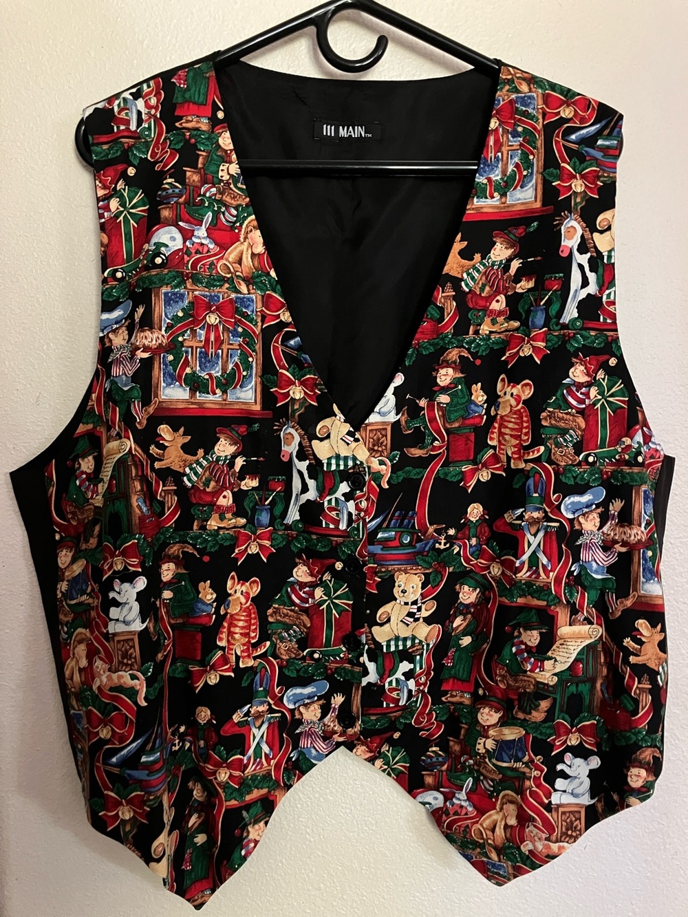 Vintage Novelty Christmas Vest in Black, Red, Green, Gold Toy Shop Nutcracker XL